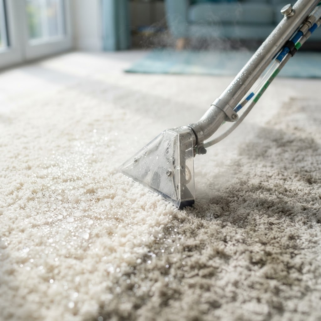 Close-up of a steam cleaning wand deep cleaning a plush carpet